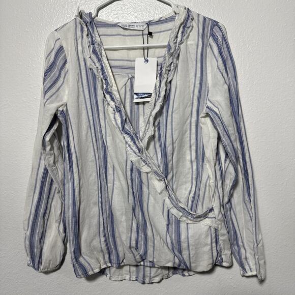 Zara Basic Z1975 Denim Top XS Wrap Front Long Sleeve Elastic Cuff Hem New - Picture 2 of 6